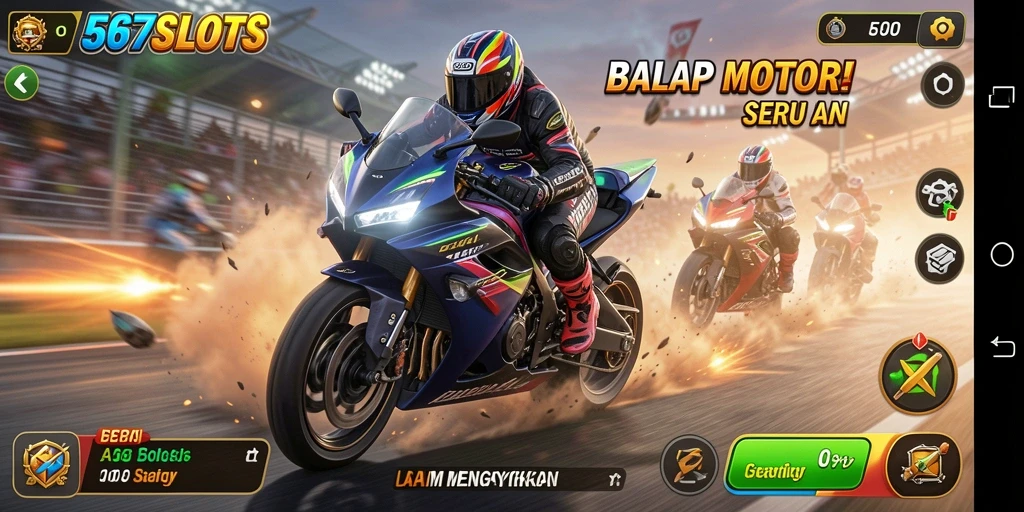 Gameplay seru 567SLOTS dengan motor balap yang memukau.