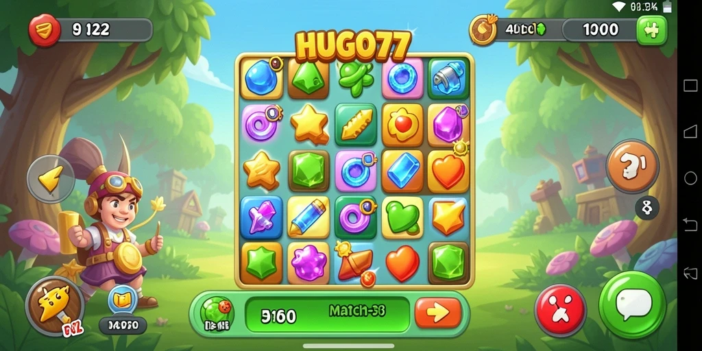 Tampilan permainan HUGO77 yang menarik dengan elemen Match-3 berwarna-warni.