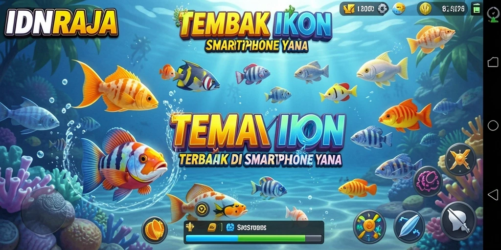 Tampilan gameplay seru di IDNRAJA dengan berbagai ikan berwarna-warni.