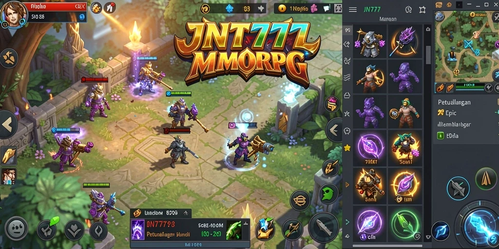 Tangkapan layar gameplay <strong>JNT777</strong> yang menampilkan pertarungan epik di dunia fantasi.