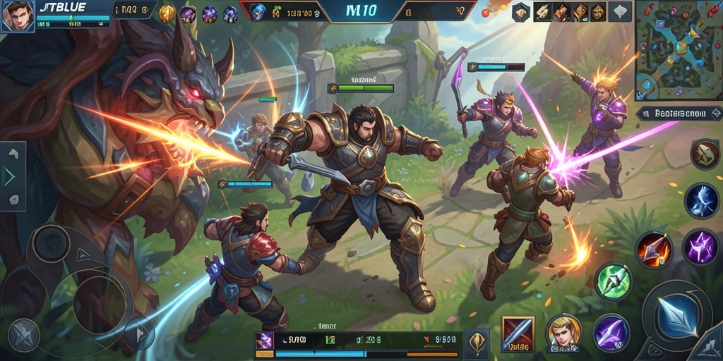 Screenshot utama JTBLUE menampilkan pertempuran seru di arena MOBA.