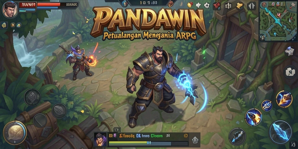 Screenshot gameplay PANDAWIN yang menunjukkan pertarungan epik dan eksplorasi.