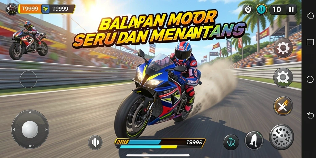 Screenshot T9999 menampilkan aksi balapan motor yang mendebarkan.